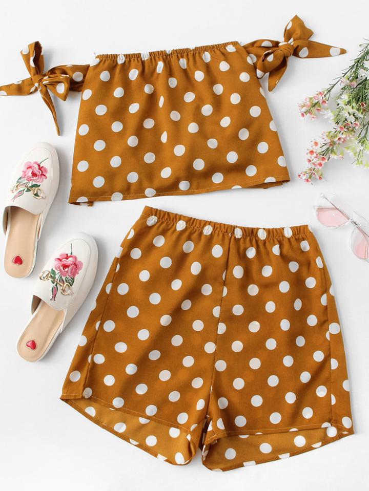 Romwe Knot Sleeve Polka Dot Top With Shorts