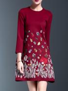Romwe Burgundy Flowers Embroidered Shift Dress