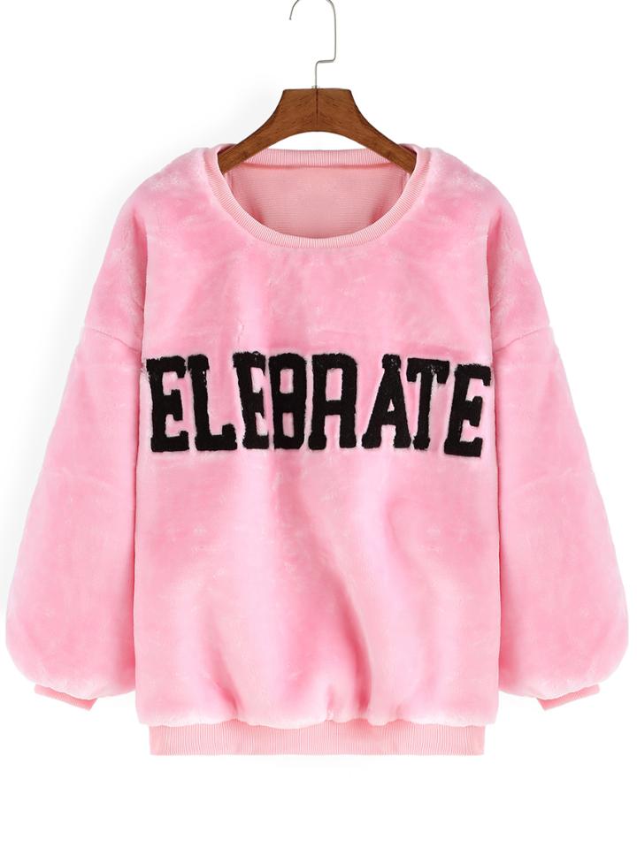 Romwe Letter Patterned Loose Pink Sweatshirt