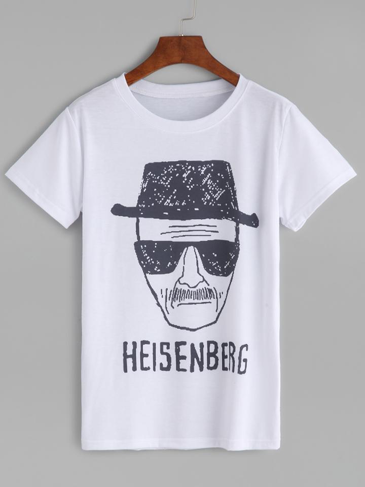 Romwe White Portrait And Letter Print T-shirt