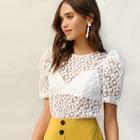 Romwe Knot Back Puff Sleeve Embroidery Floral Mesh Top