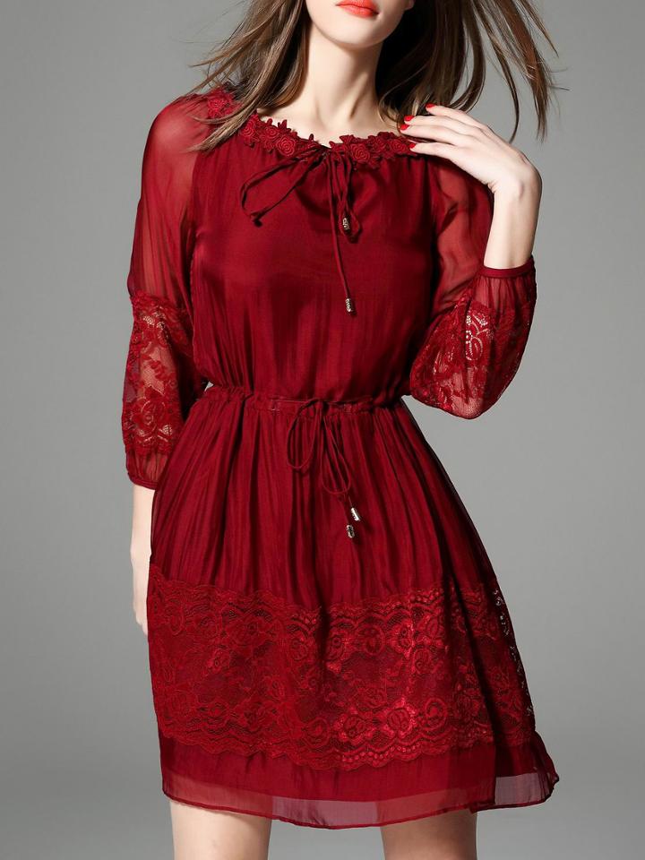 Romwe Red Tie Neck Contrast Gauze Drawstring Lace Dress