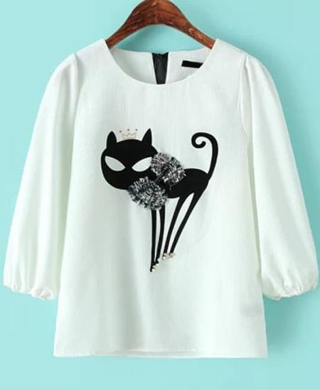 Romwe Cat Print Bow Loose Blouse