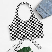 Romwe Knot Back Gingham Halter Crop Top