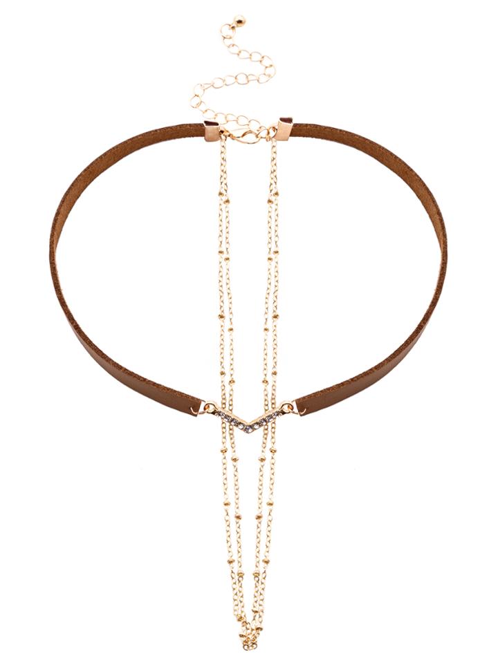 Romwe Brown Faux Leather Layered Chain Rhinestone Choker Necklace