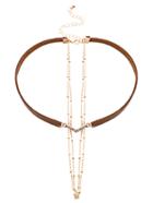 Romwe Brown Faux Leather Layered Chain Rhinestone Choker Necklace