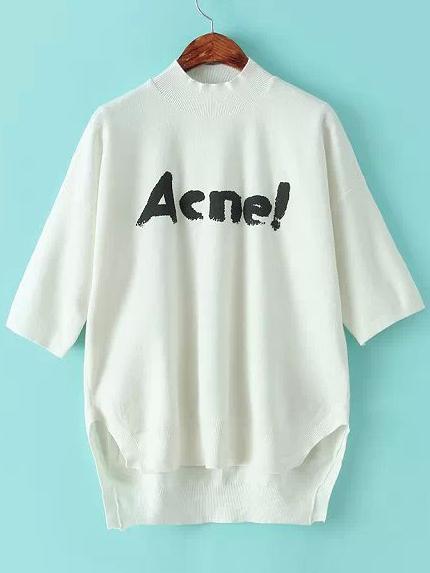 Romwe White Half Sleeve Acne Print Dip Hem Knitwear