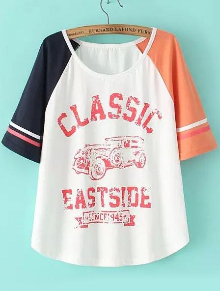 Romwe Contrast Sleeve Car Print White T-shirt