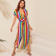 Romwe Colorful Striped Curved Hem Knotted Front Jumpsuit