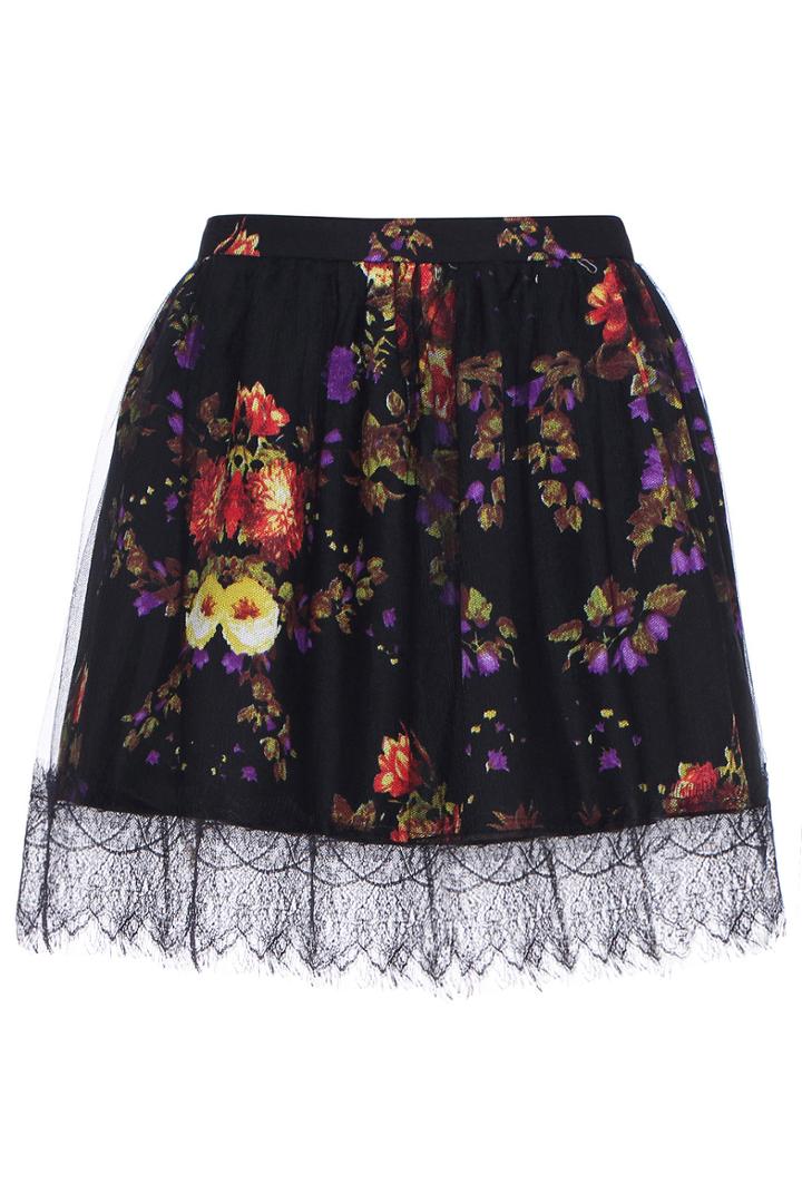 Romwe Romwe Lace Embellished Floral Print Skirt