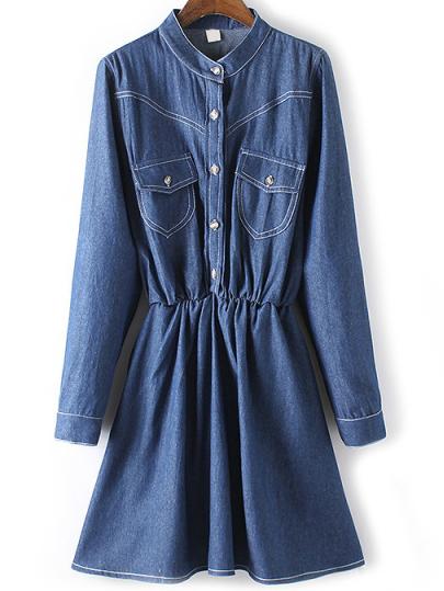 Romwe A-line Denim Shirt Dress With Pockets
