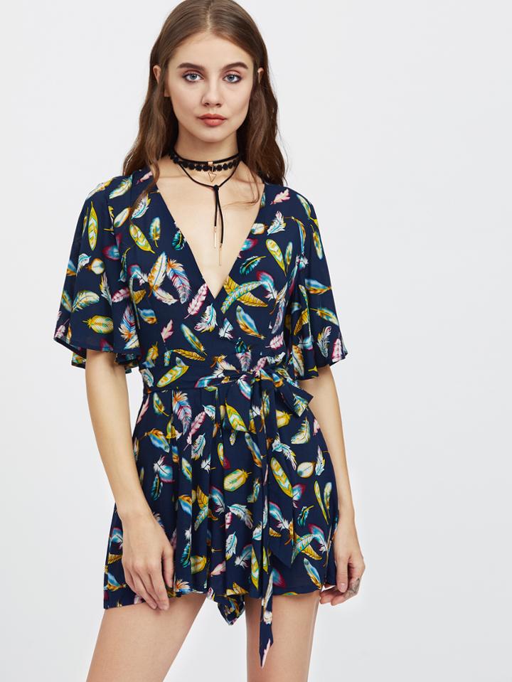 Romwe Feather Print Surplice Wrap Pleated Wide Leg Playsuit