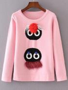 Romwe Pink Cartoon Pattern Fur Embellished Sweater