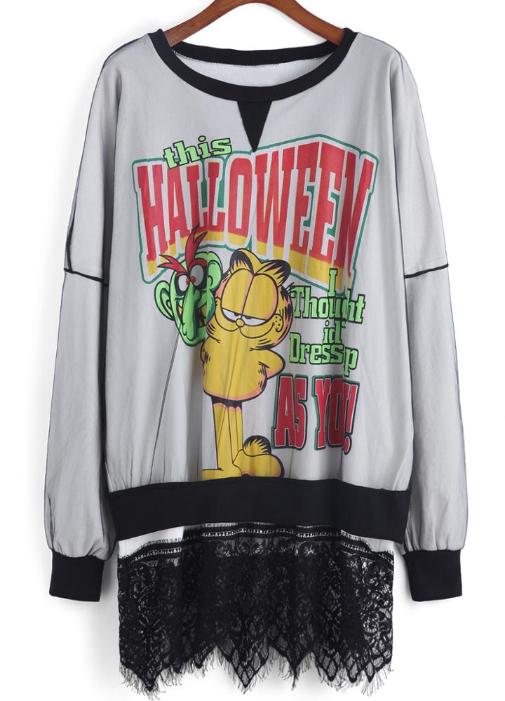 Romwe Cartoon Print Mesh Tassel Sweatshirt