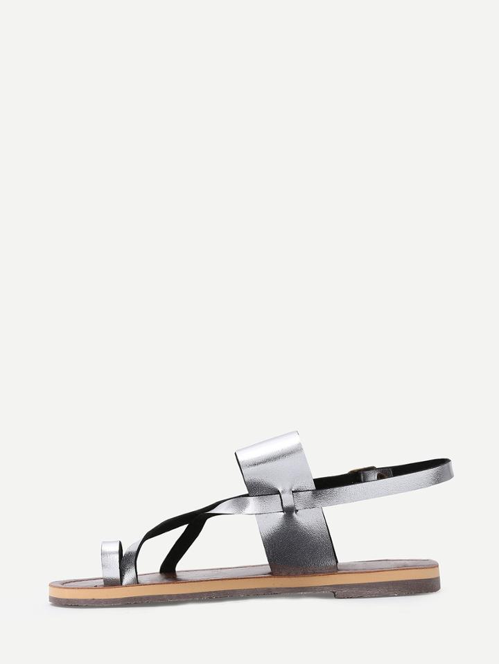 Romwe Silver Faux Leather Toe Sandals