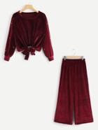 Romwe Pearl Beading Knotted Velvet Pullover With Wide Pants