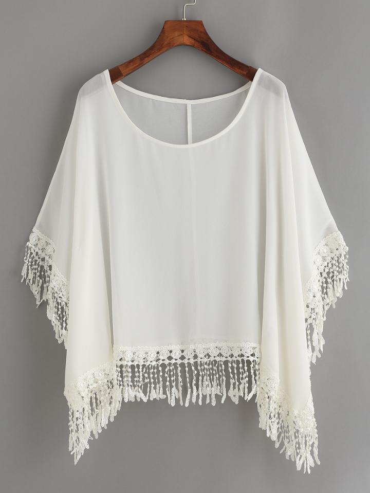 Romwe White Fringe Trim Chiffon Poncho Blouse