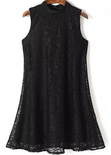 Romwe Stand Collar Lace Flare Black Dress