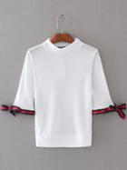 Romwe White Striped Trim Tie Cuff T-shirt