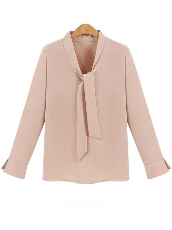 Romwe Pink Tie Collar Chiffon Shirt