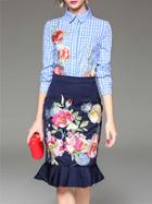 Romwe Blue Lapel Flowers Embroidered Top With Frill Skirt