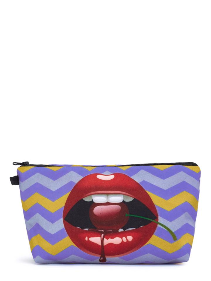 Romwe Chevron & Lips Print Makeup Bag