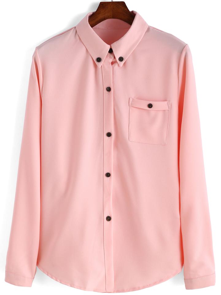 Romwe Lapel Button-down Pocket Pink Blouse