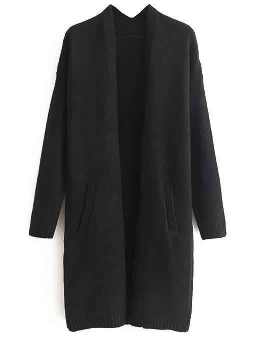 Romwe Black Ribbed Trim Drop Shoulder Long Sweater Coat