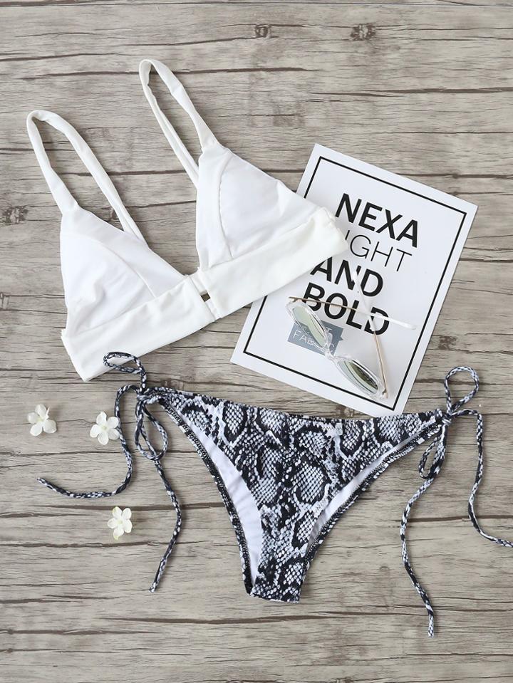 Romwe Snake Print Side Tie Mix & Match Bikini Set