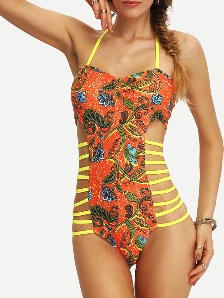 Romwe Flower Print Ladder-cutout One-piece Swimwear