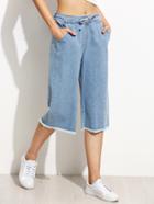 Romwe Blue Drawstring Waist Frayed Wide Leg Jeans