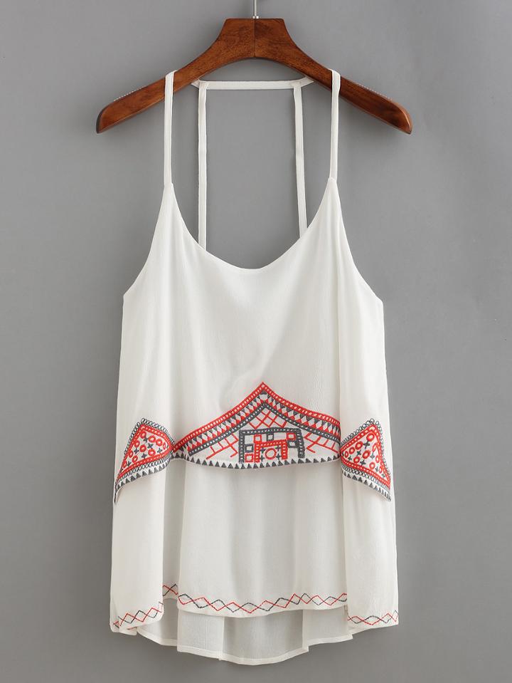 Romwe Layered Embroidery Cami Top - White