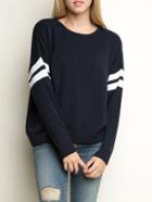Romwe Round Neck Striped Loose Navy Sweater