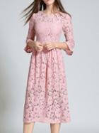 Romwe Pink Bell Sleeve A-line Lace Dress