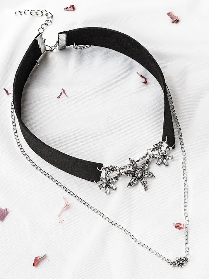Romwe Black Rhinestone Flower Pendant Layered Velvet Choker