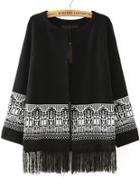 Romwe Geometric Print Tassel Black Coat