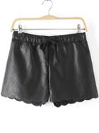 Romwe Black Scalloped Hem Drawstring Waist Pu Shorts