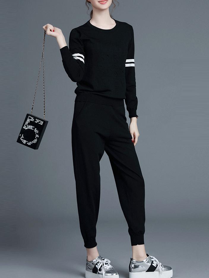 Romwe Black Jacquard Top With Pockets Pants