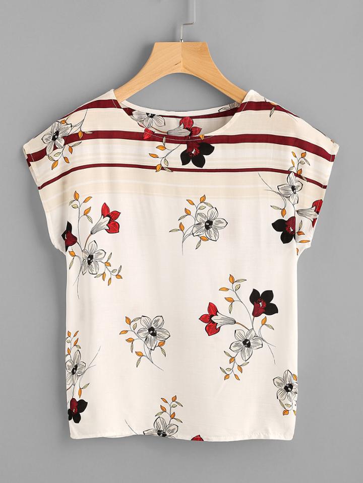 Romwe Flower Print Cap Sleeve Top