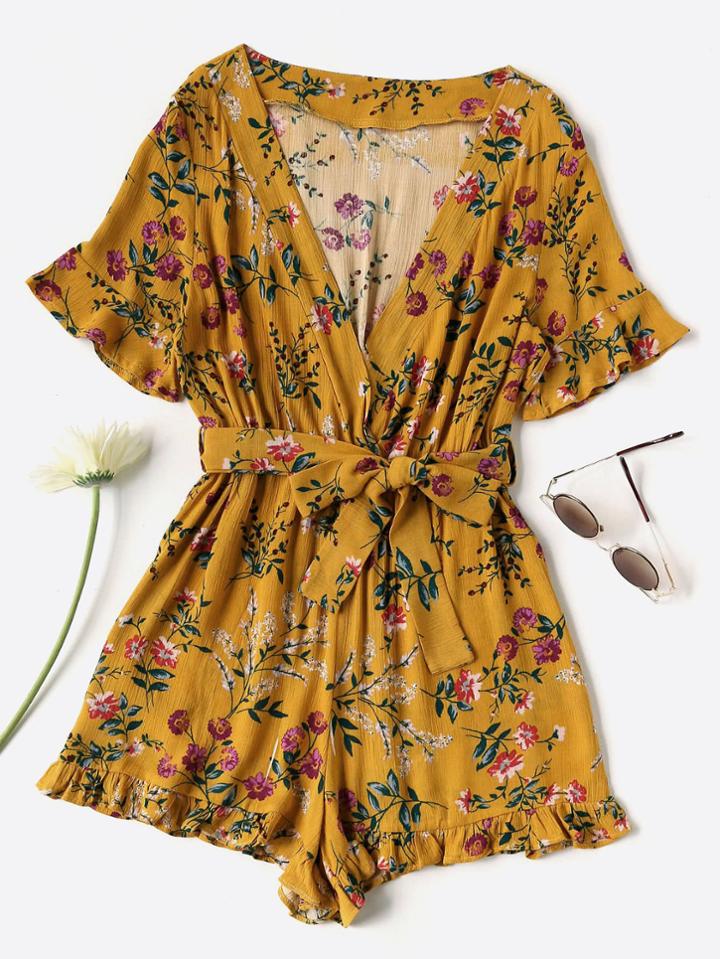 Romwe Plunging V-neckline Floral Print Self Tie Frill Romper