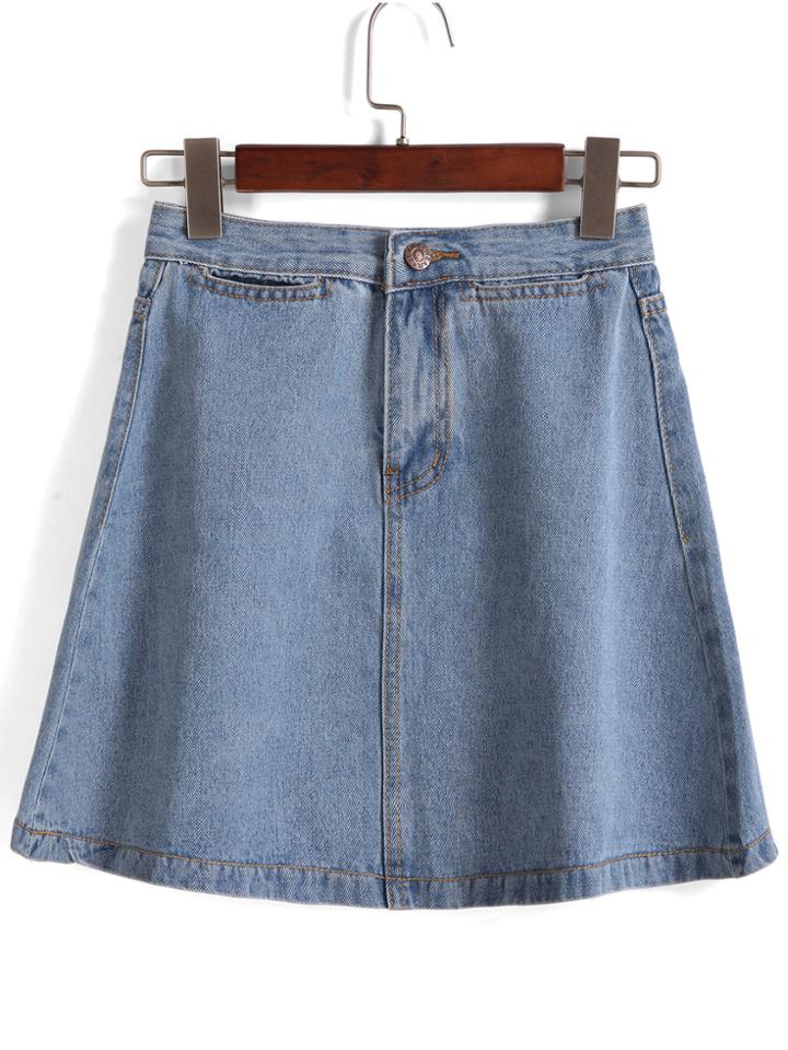 Romwe With Button A-line Denim Skirt