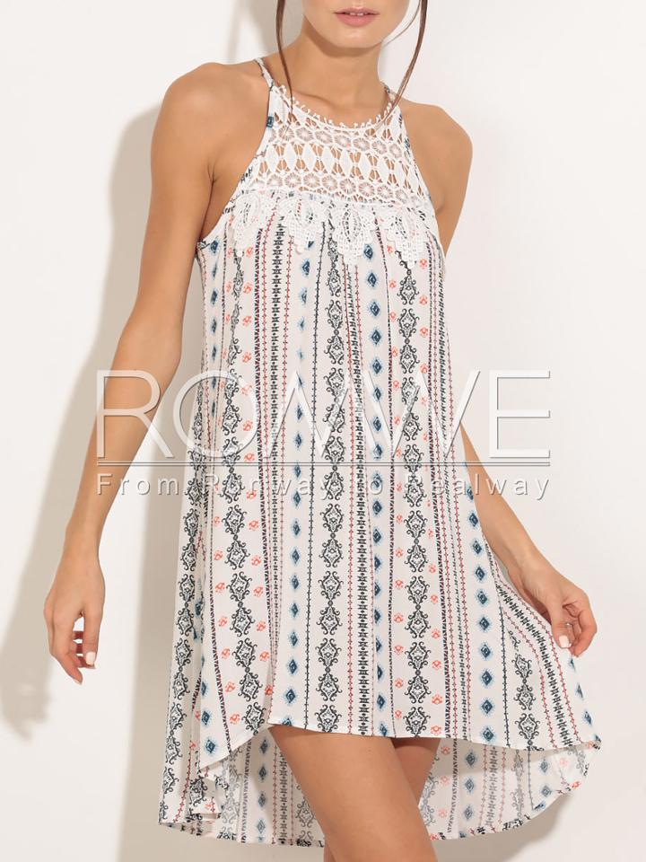 Romwe Beige Sleeveless Geomectric Pattern Halter Dress