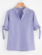 Romwe V Neckline Pinstriped Bow Tie Sleeve Blouse
