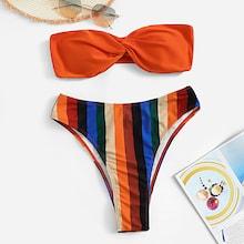 Romwe Twist Detail Bandeau Top With Vertical-stripe Bikini Set