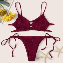 Romwe Shirred Top With Self Tie Side Bikini Set