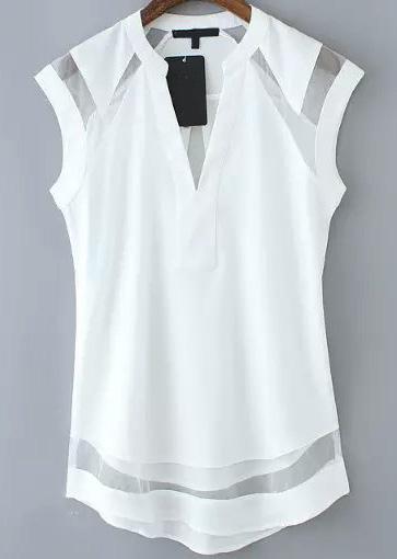 Romwe White V Neck Sheer Mesh Slim Blouse