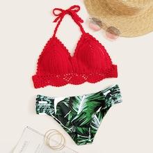 Romwe Crochet Top With Tropical Ladder Cutout Bikini