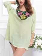 Romwe Green Flower Embroidered Beaded Tunic Blouse