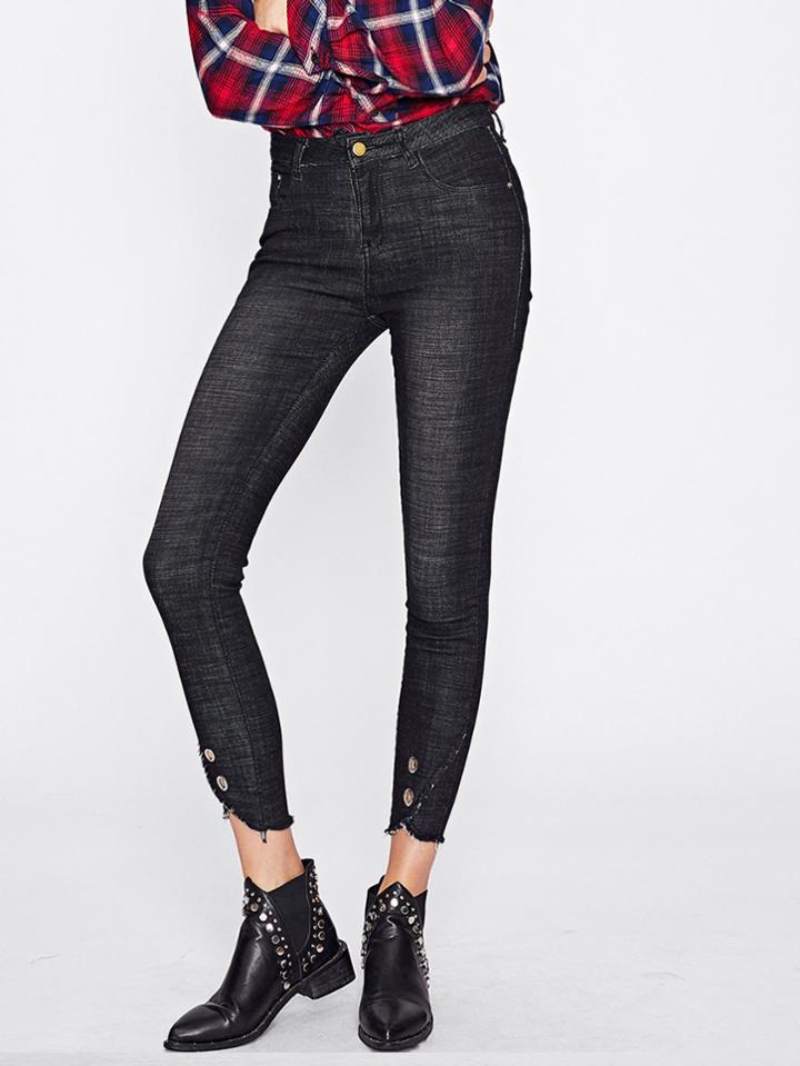 Romwe Metal Ring Decoration Frayed Hem Jeans