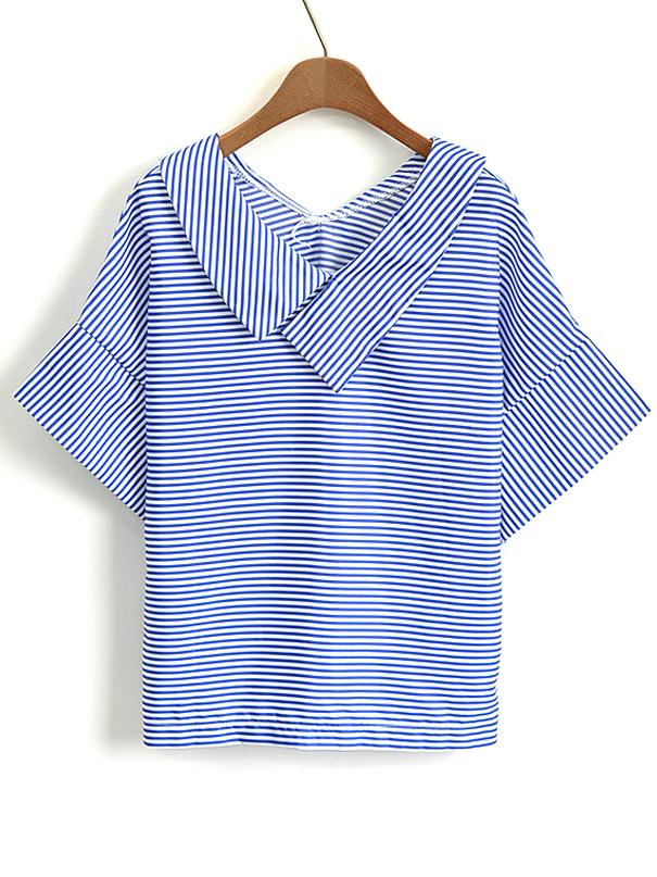 Romwe Blue Striped Double V Neck Cuffed Sleeve Blouse